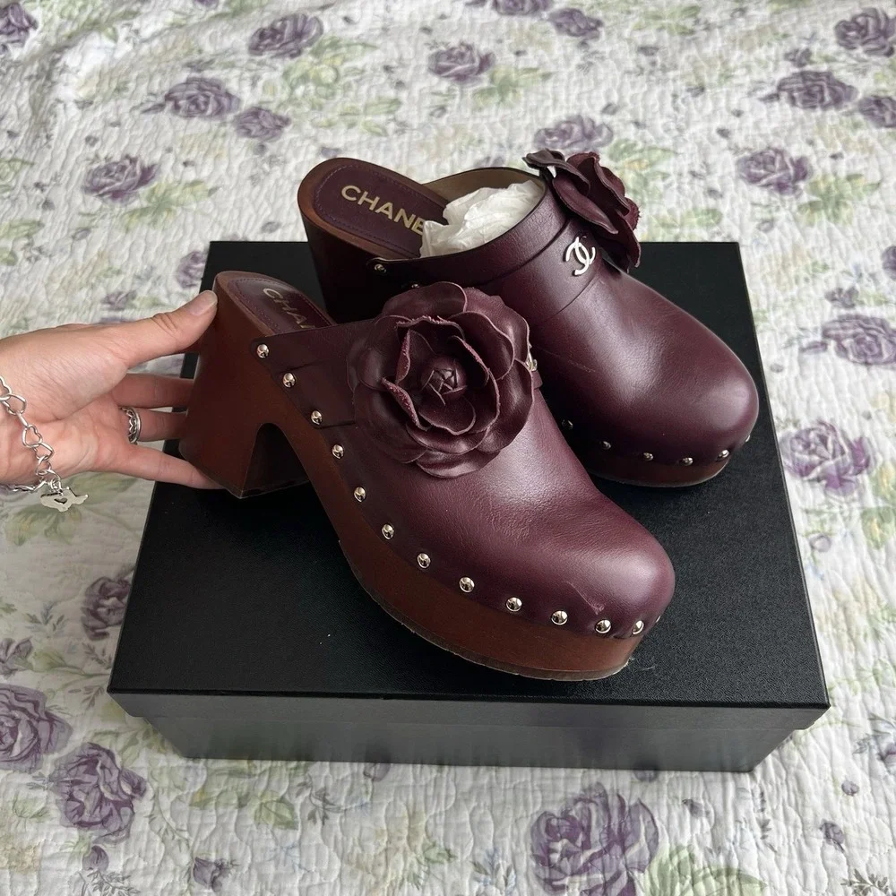 Chanel Burgundy Leather Camellia Flower Studded Platform Clogs 2023 IT 40